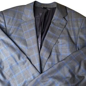 Mr Ned Custom Plaid Blazer Sport Coat Two Button Gray Blue Windowpane Wool 42-44